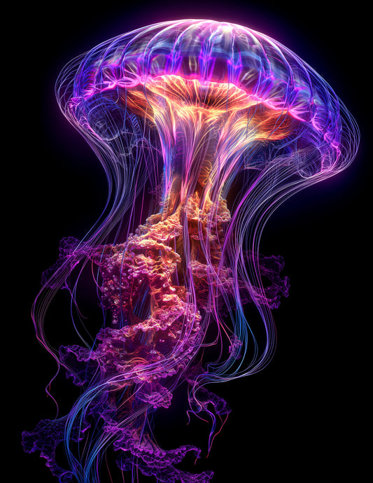 Immortal Jellyfish — Chromatic Filament Art, Violet Contrast Digital Wall Art, 3 Sizes Included, Living Room Decor