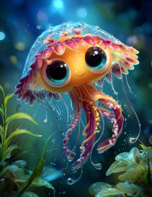 Immortal Jellyfish — Cute Cartoon Art, Amber Pastels Digital Wall Art, 3 Sizes Included, Nursery Decor