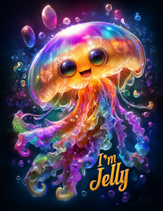 Immortal Jellyfish — "I'm Jelly" Cute Cartoon Art, Vibrant Palette Digital Wall Art, 3 Sizes Included, Nursery Decor