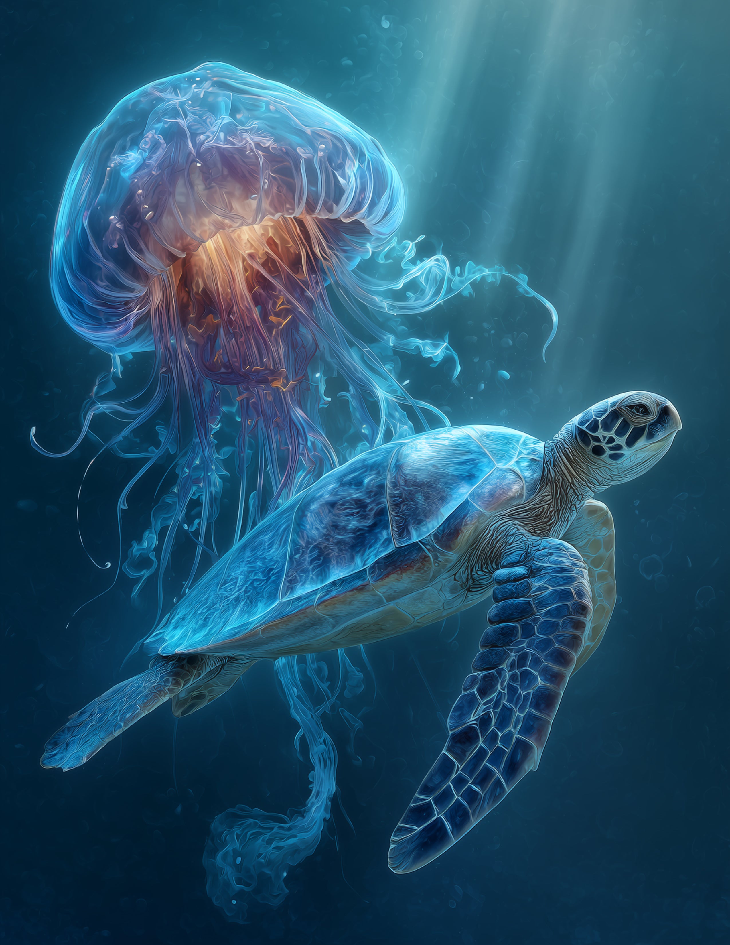 Immortal Jellyfish & Sea Turtle — Realistic Art, Calm Gradients Duo Wall Art, 3 Sizes Included, Living Room Decor