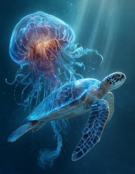 Immortal Jellyfish & Sea Turtle — Realistic Art, Calm Gradients Duo Wall Art, 3 Sizes Included, Living Room Decor