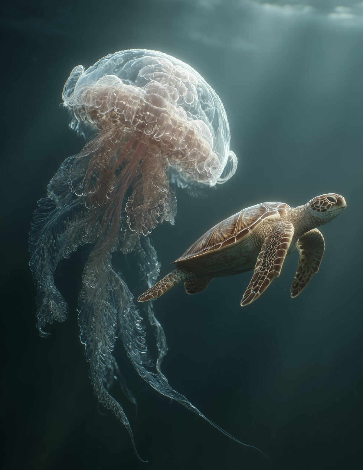 Immortal Jellyfish & Sea Turtle — Realistic Art, Forest Hues Duo  Wall Art, 3 Sizes Included, Living Room Decor