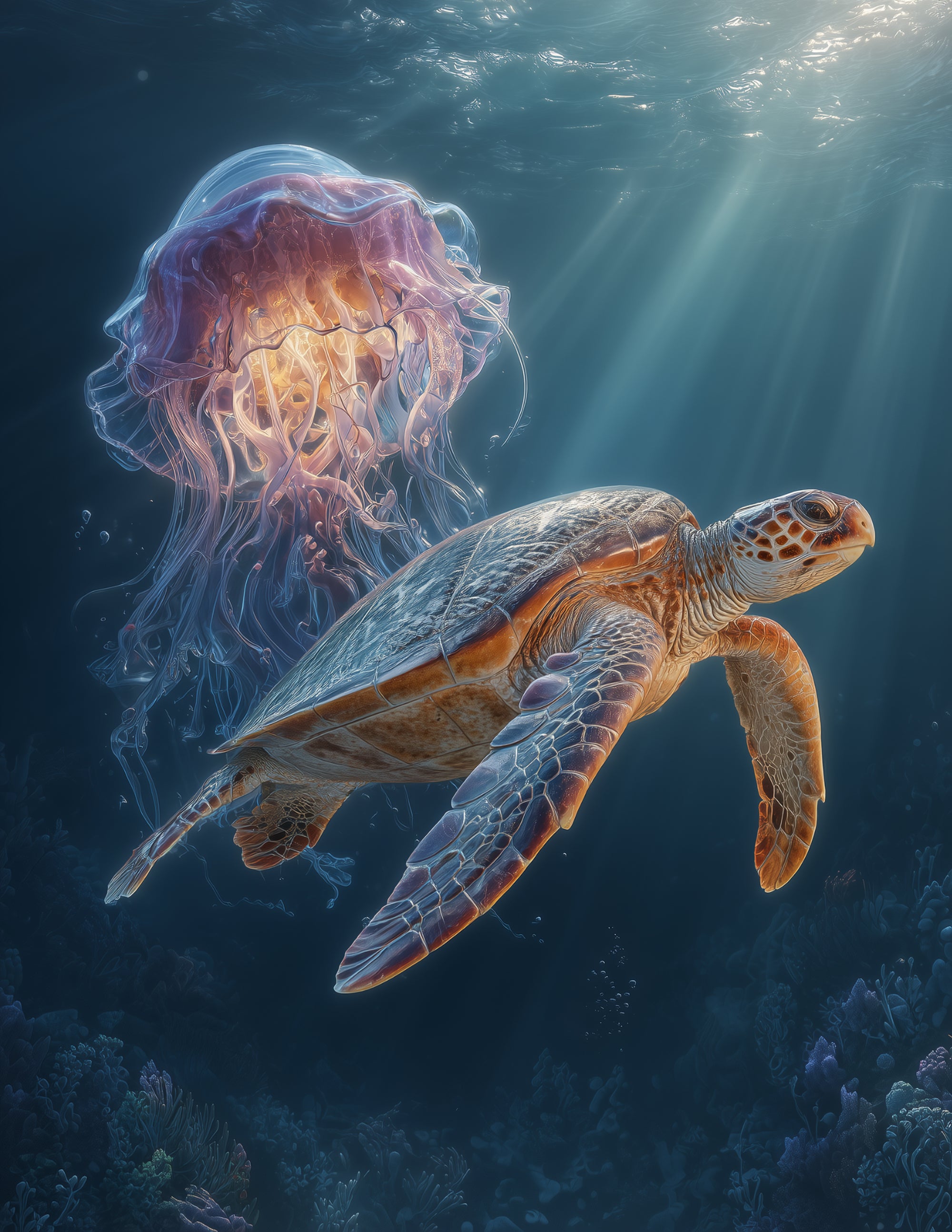 Immortal Jellyfish & Sea Turtle — Realistic Art, Soft Pastels Duo Wall Art, 3 Sizes Included, Living Room Decor
