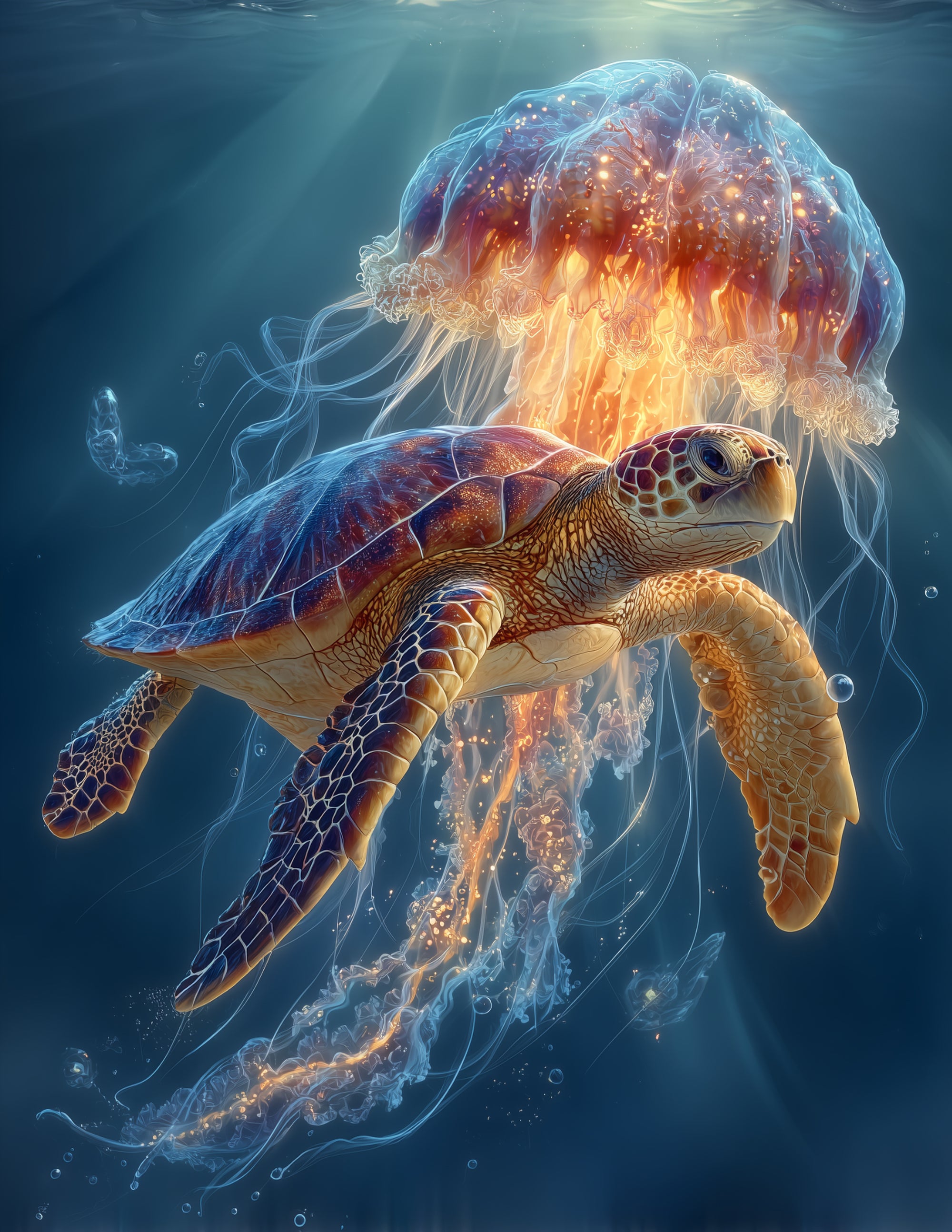 Immortal Jellyfish & Sea Turtle — Realistic Art, Sunset Tones Duo Wall Art, 3 Sizes Included, Living Room Decor
