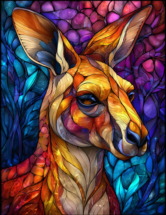 Kangaroo — Stained Glass Art, Rich Hues Digital Wall Art, 3 Sizes Included, Living Room Decor