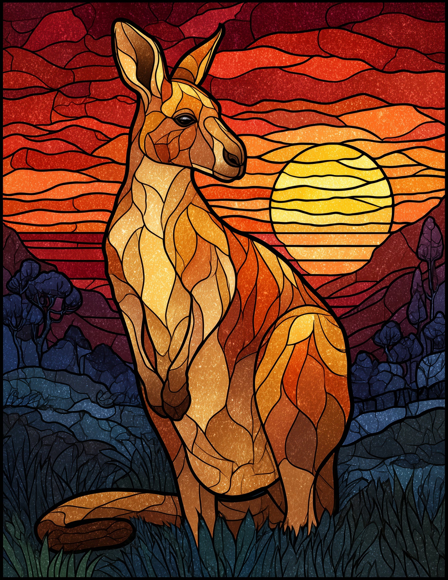 Kangaroo — Stained Glass Art, Sunset Hues Digital Wall Art, 3 Sizes Included, Living Room Decor