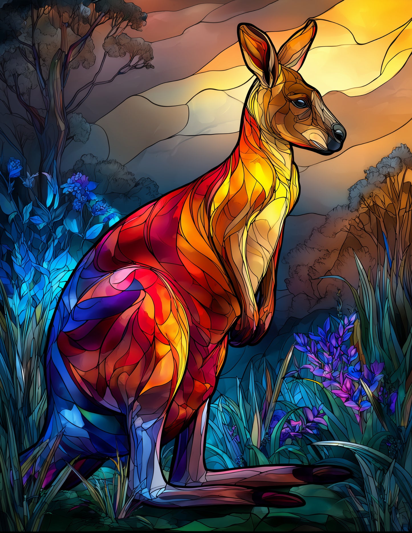 Kangaroo — Stained Glass Art, Warm Tones Digital Wall Art, 3 Sizes Included, Living Room Decor