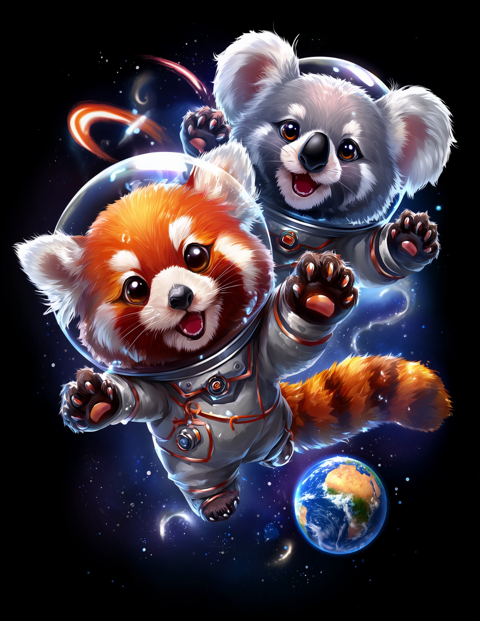 Koala & Red Panda — Cute Cartoon Midnight Tones Duo Wall Art, 3 Sizes Included, Nursery Decor