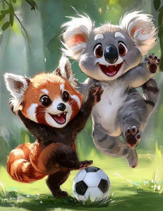 Koala & Red Panda — Cute Cartoon Serene Tones Duo Wall Art, 3 Sizes Included, Nursery Decor