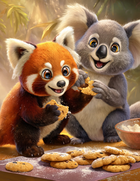 Koala & Red Panda — Cute Cartoon Sunset Hues Duo Wall Art, 3 Sizes Included, Nursery Decor