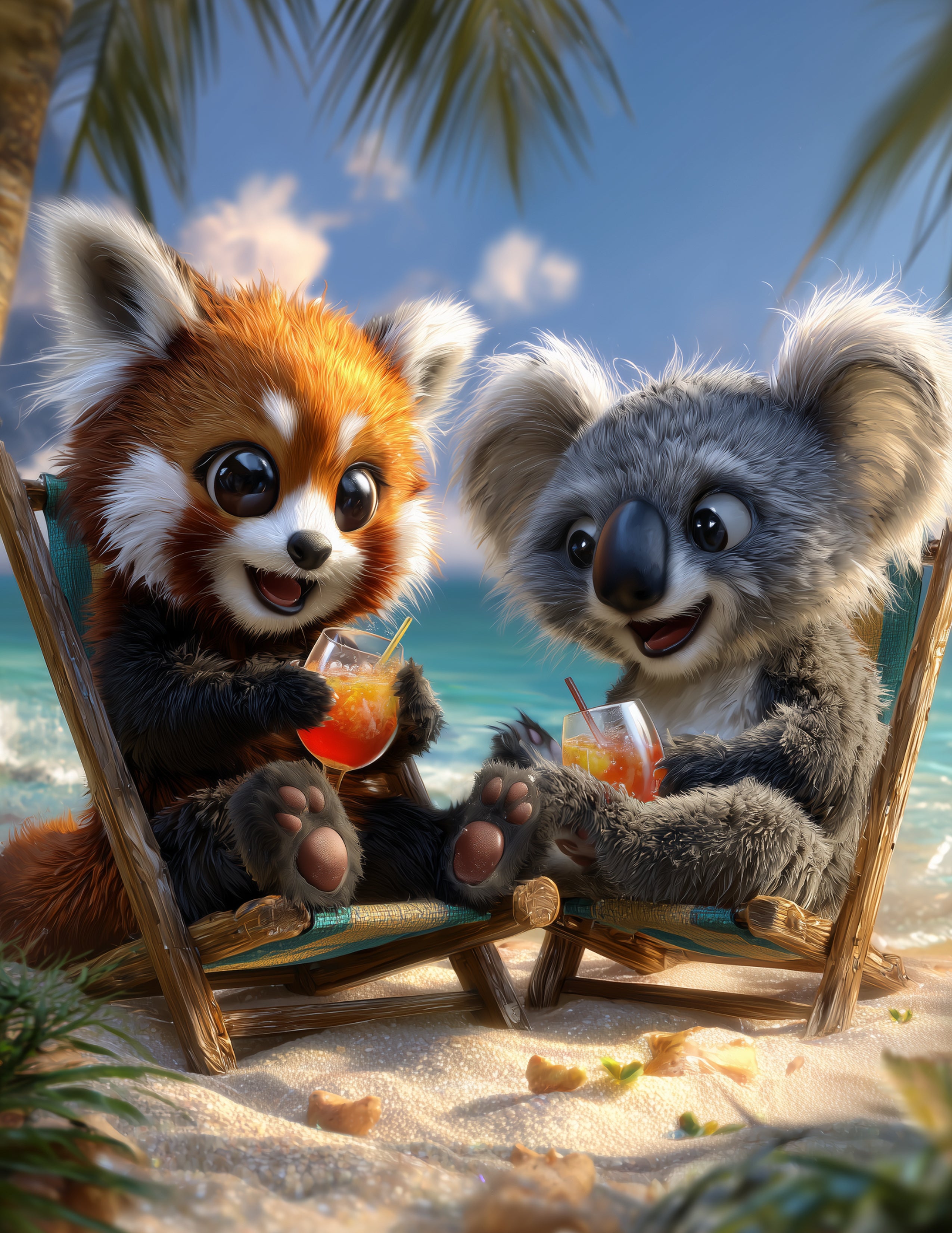 Koala & Red Panda — Cute Cartoon Sunset Warm Duo Wall Art, 3 Sizes Included, Nursery Decor