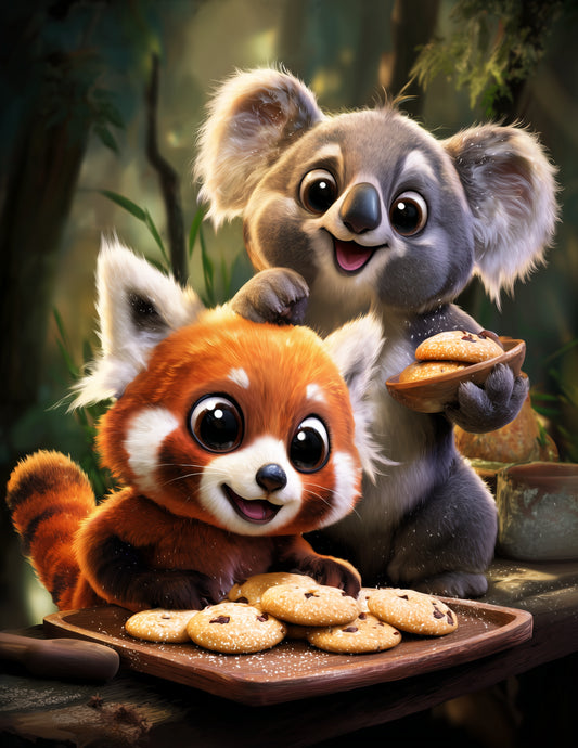 Koala & Red Panda — Cute Cartoon Vibrant Palette Duo Wall Art, 3 Sizes Included, Nursery Decor