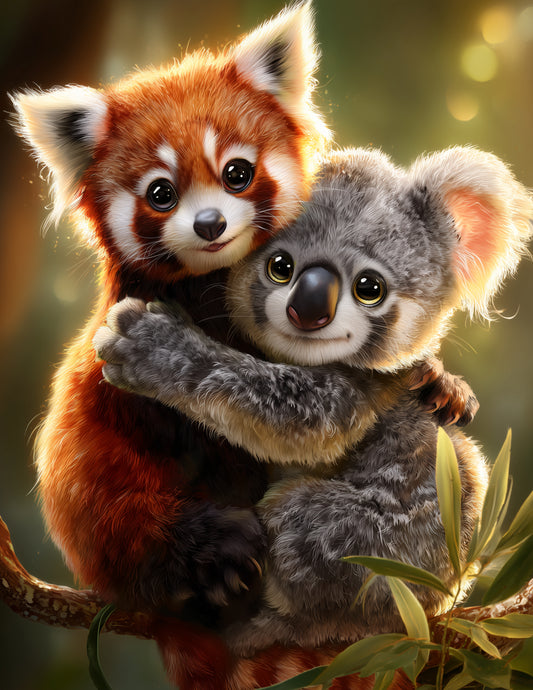 Koala & Red Panda — Cute Cartoon Warm Tones Duo Wall Art, 3 Sizes Included, Nursery Decor