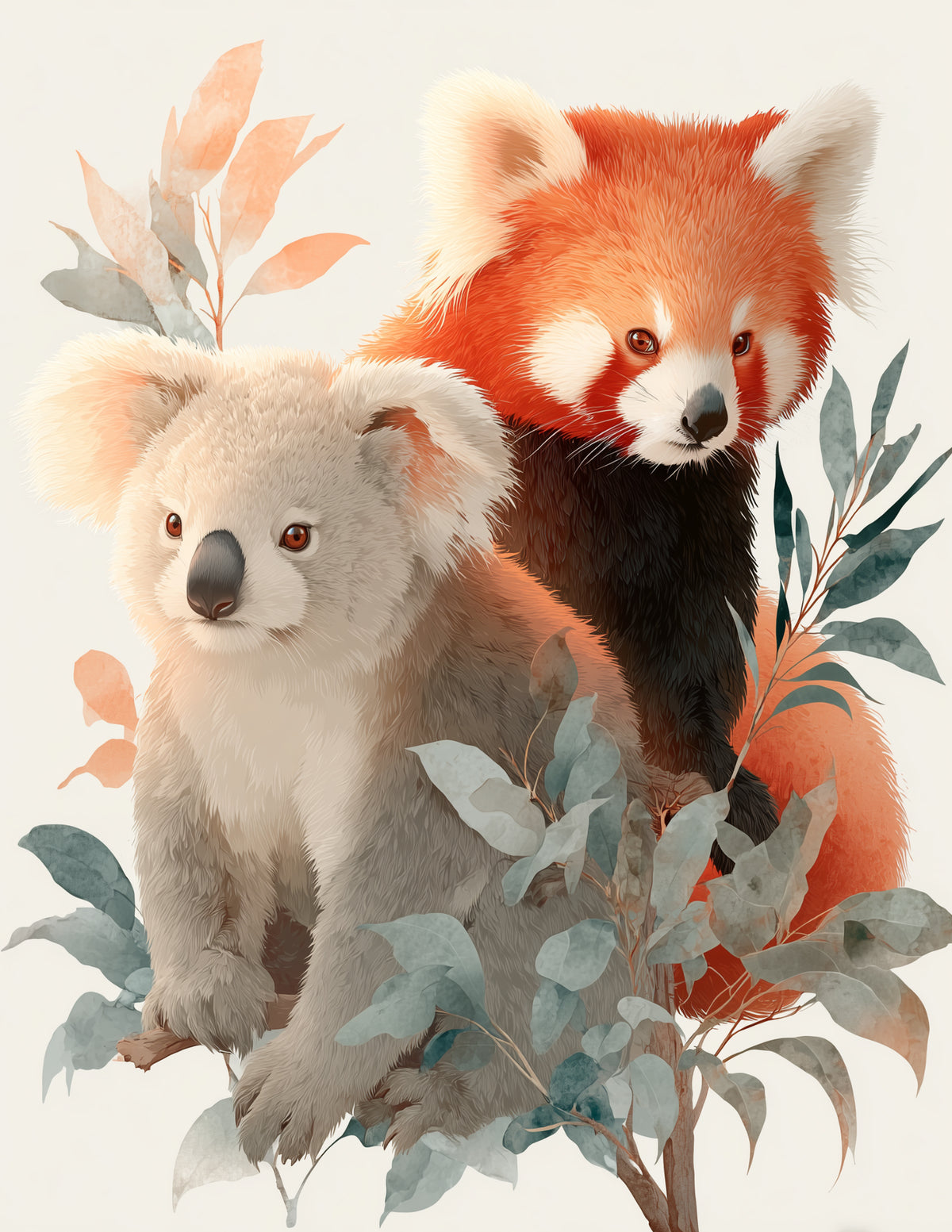 Koala & Red Panda — Nursery Calm Gradients Duo Wall Art, 3 Sizes Included, Nursery Decor