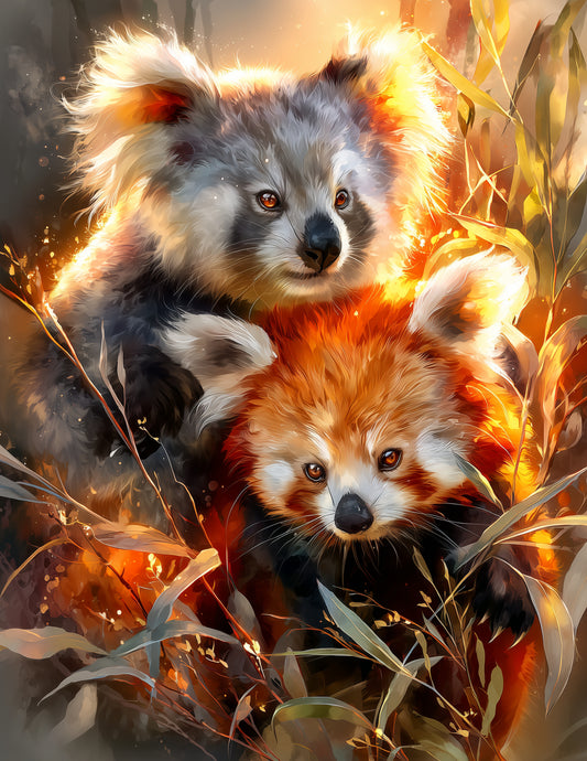 Koala & Red Panda — Nursery Coral Bloom Duo Wall Art, 3 Sizes Included, Nursery Decor