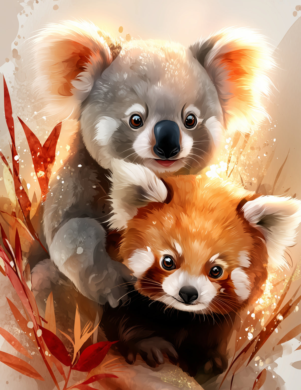 Koala & Red Panda — Nursery Layered Hues Duo Wall Art, 3 Sizes Included, Nursery Decor