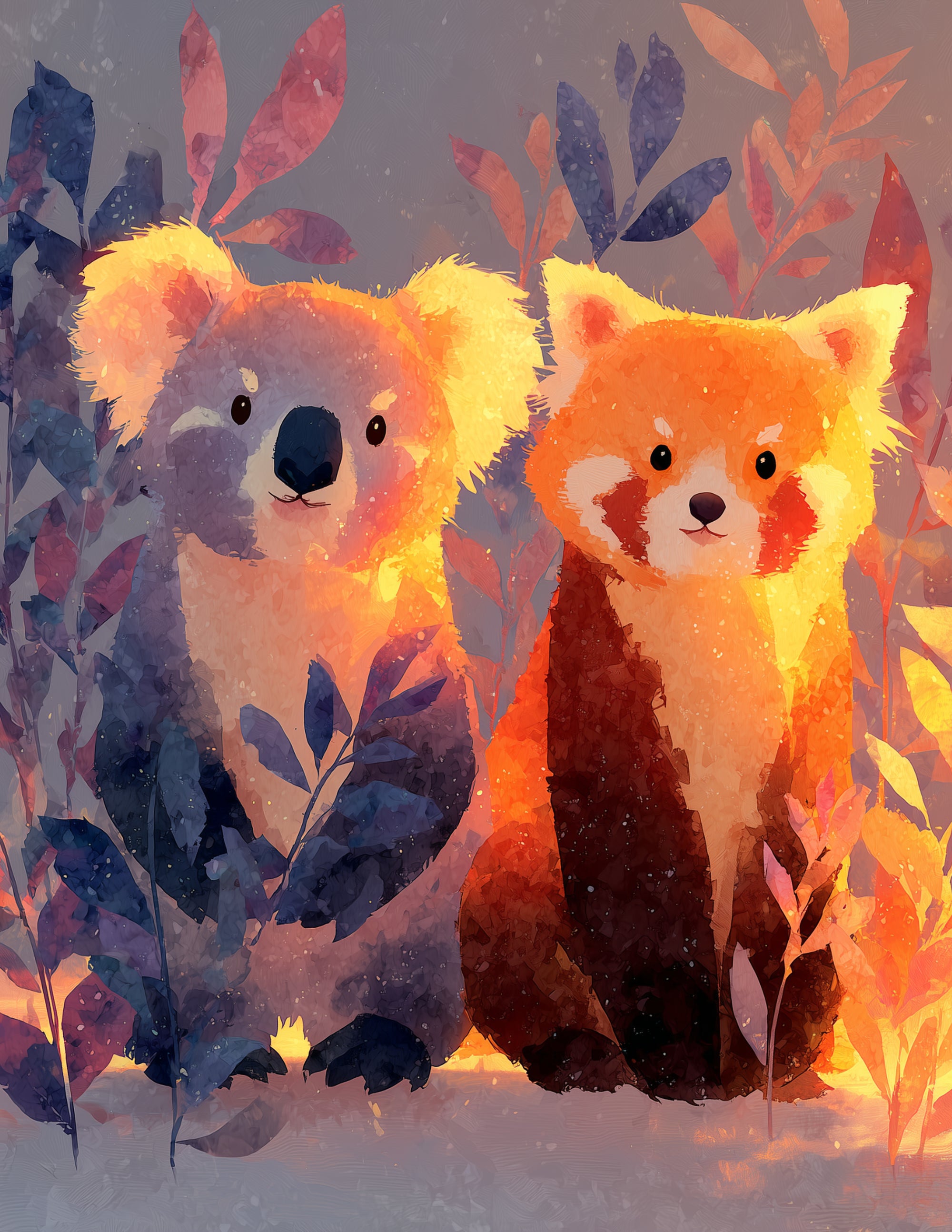 Koala & Red Panda — Nursery Sunset Mist Duo Wall Art, 3 Sizes Included, Nursery Decor