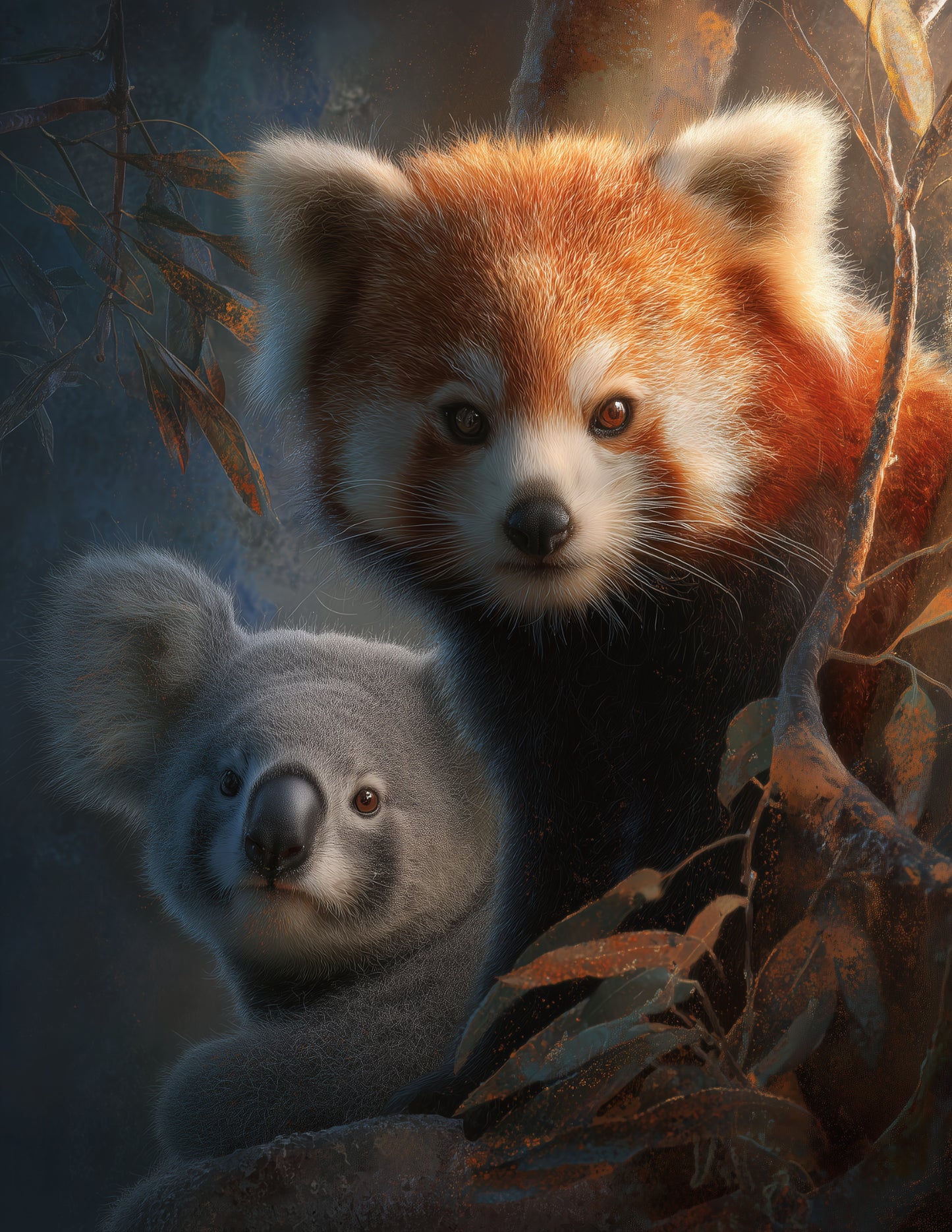 Koala & Red Panda — Realistic Balanced Tones Duo Wall Art, 3 Sizes Included, Living Room Decor