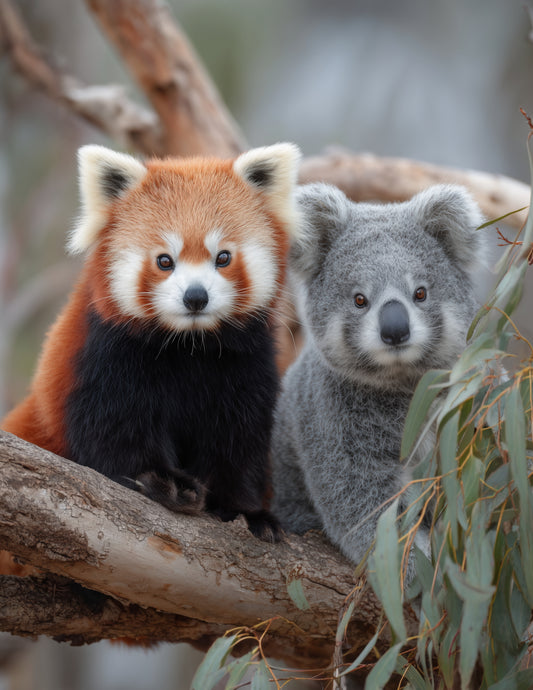 Koala & Red Panda — Realistic Serene Palette Duo Wall Art, 3 Sizes Included, Living Room Decor