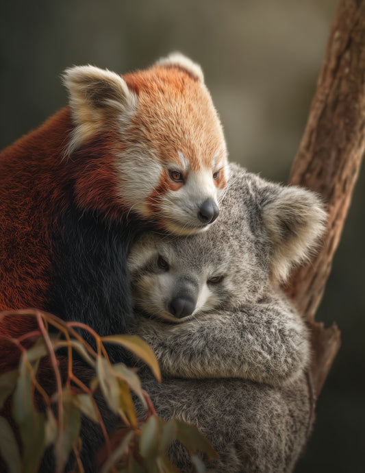 Koala & Red Panda — Realistic Soft Gradients Duo Wall Art, 3 Sizes Included, Living Room Decor