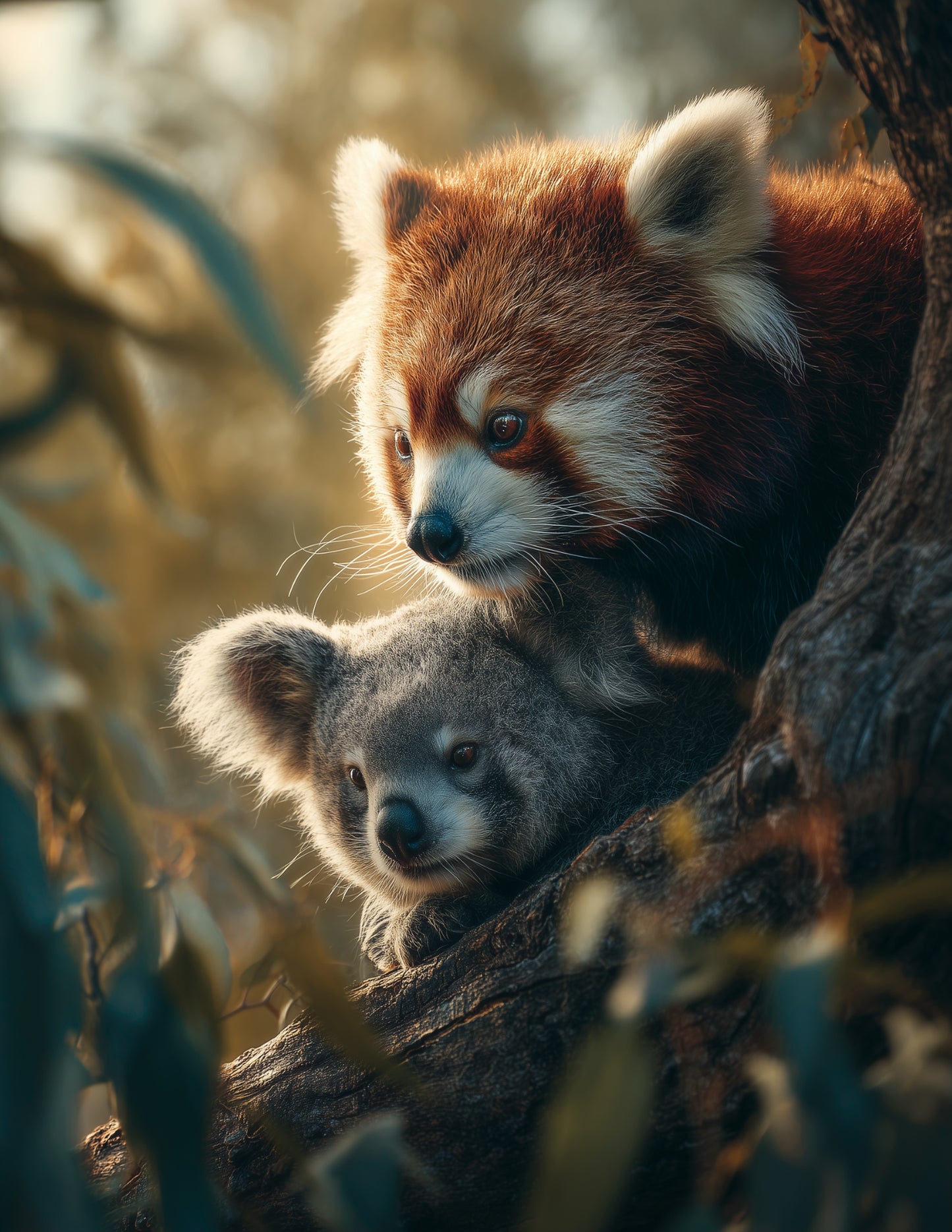 Koala & Red Panda — Realistic Warm Tones Duo Wall Art, 3 Sizes Included, Living Room Decor