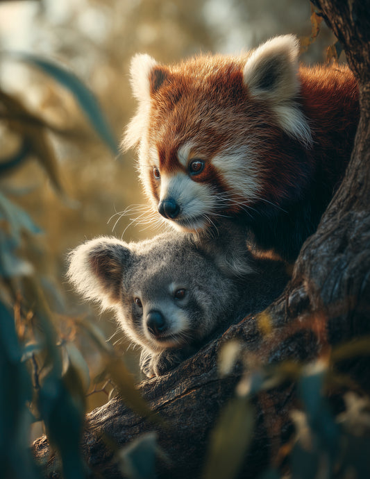 Koala & Red Panda — Realistic Warm Tones Duo Wall Art, 3 Sizes Included, Living Room Decor