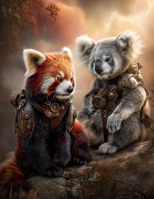 Koala & Red Panda — Steampunk Amber Tones Duo Wall Art, 3 Sizes Included, Living Room Decor