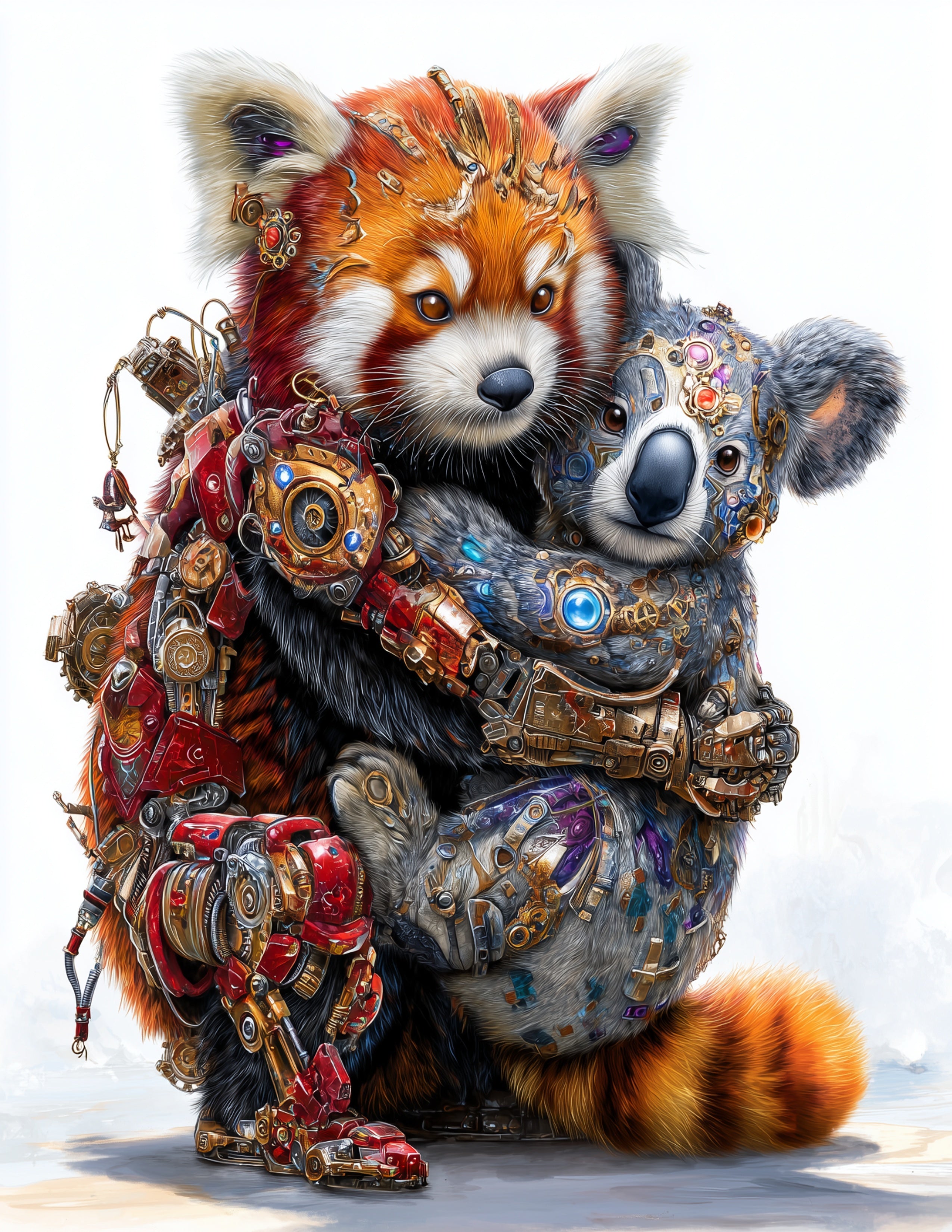 Koala & Red Panda — Steampunk Balanced Tones Duo Wall Art, 3 Sizes Included, Living Room Decor