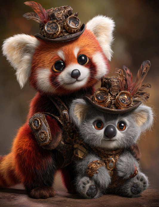 Koala & Red Panda — Steampunk Bold Contrast Duo Wall Art, 3 Sizes Included, Living Room Decor