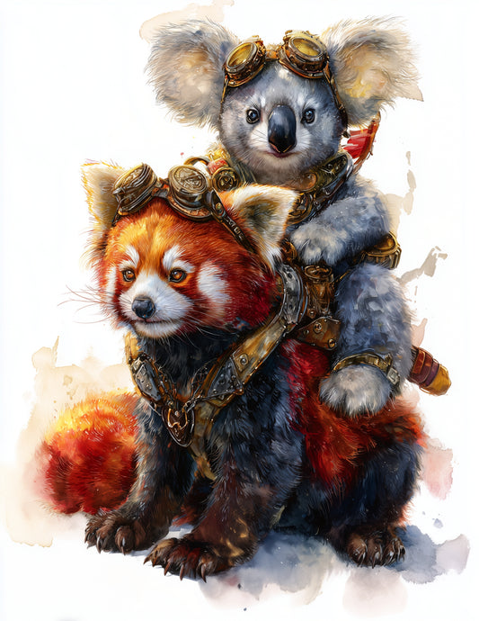 Koala & Red Panda — Steampunk Layered Hues Duo Wall Art, 3 Sizes Included, Living Room Decor