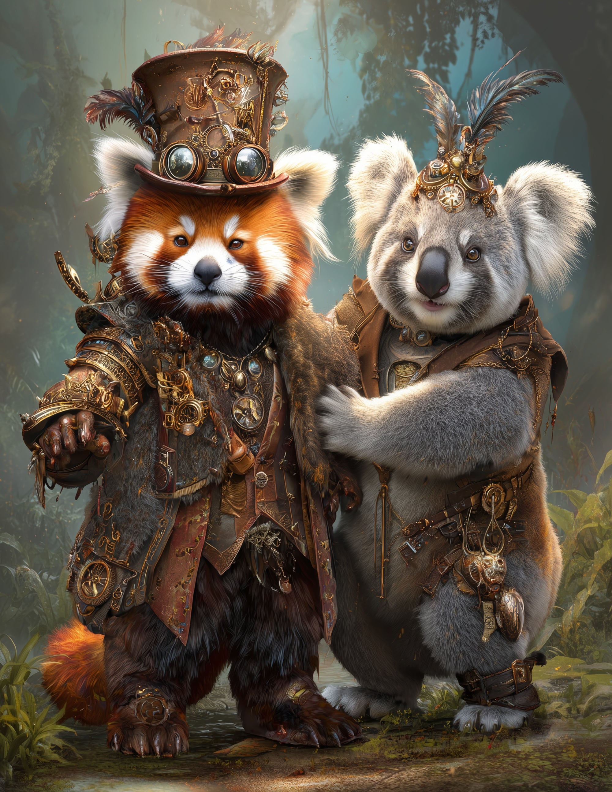 Koala & Red Panda — Steampunk Rich Palette Duo Wall Art, 3 Sizes Included, Living Room Decor