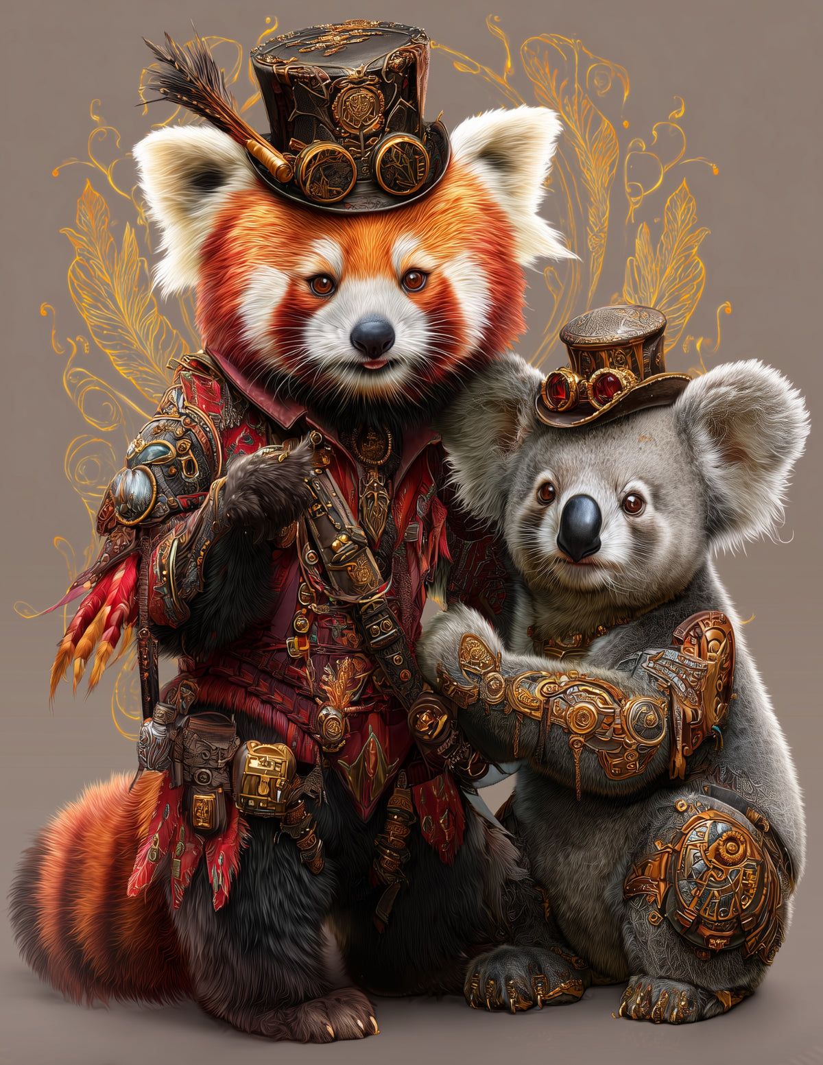 Koala & Red Panda — Steampunk Serene Tones Duo Wall Art, 3 Sizes Included, Living Room Decor