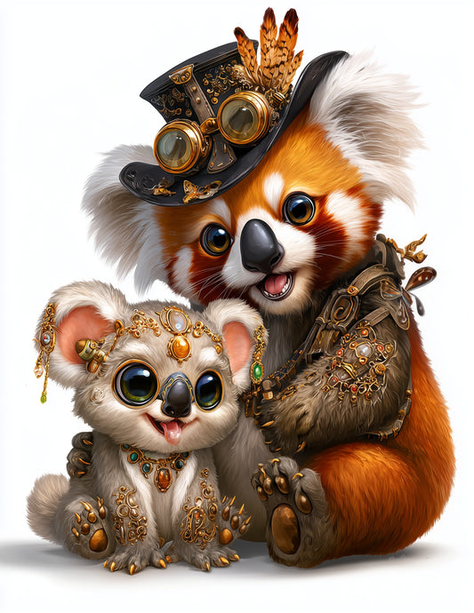 Koala & Red Panda — Steampunk Soft Gradients Duo Wall Art, 3 Sizes Included, Living Room Decor