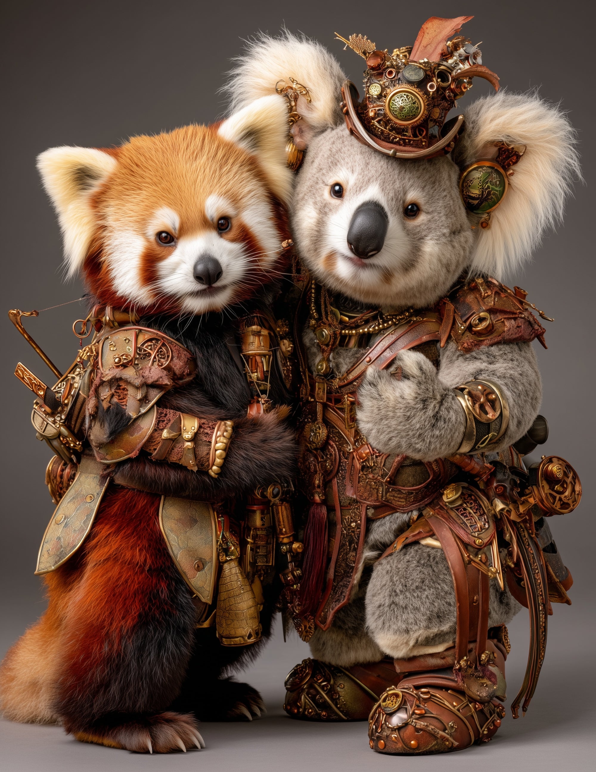 Koala & Red Panda — Steampunk Subtle Transitions Duo Wall Art, 3 Sizes Included, Living Room Decor