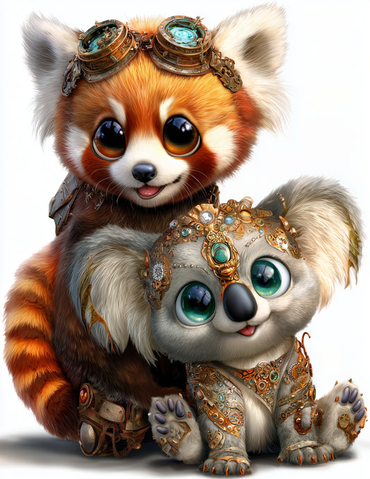 Koala & Red Panda — Steampunk Vibrant Palette Duo Wall Art, 3 Sizes Included, Living Room Decor