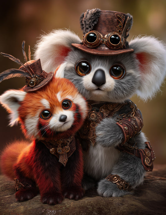 Koala & Red Panda — Steampunk Warm Hues Duo Wall Art, 3 Sizes Included, Living Room Decor