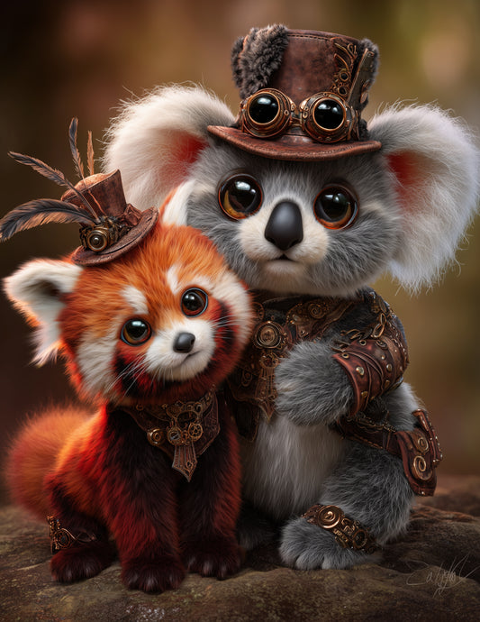 Koala & Red Panda — Steampunk Warm Hues Duo Wall Art, 3 Sizes Included, Living Room Decor