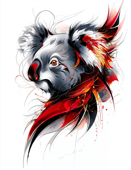 Koala —Inkflow Art, Crimson Contrast Digital Wall Art, 3 Sizes Included, Living Room Decor
