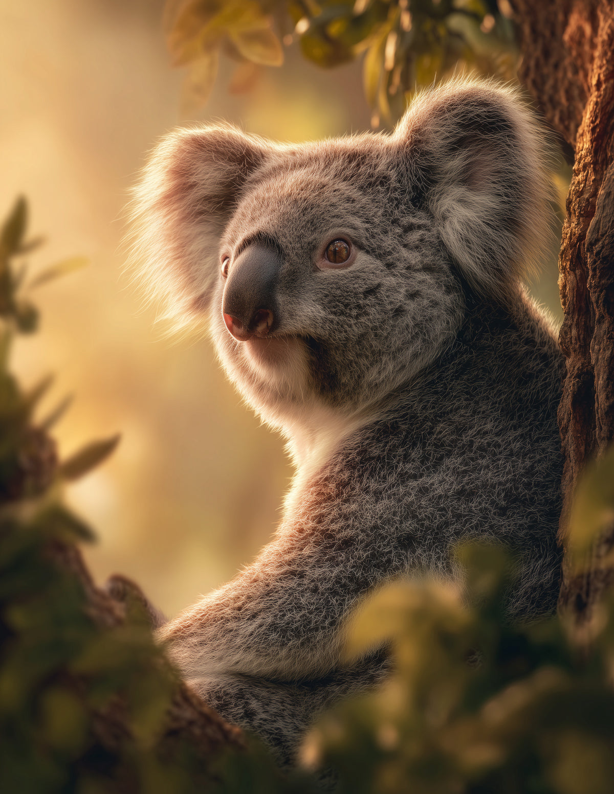 Koala —Realistic Art, Golden Lighting Digital Wall Art, 3 Sizes Included, Living Room Decor