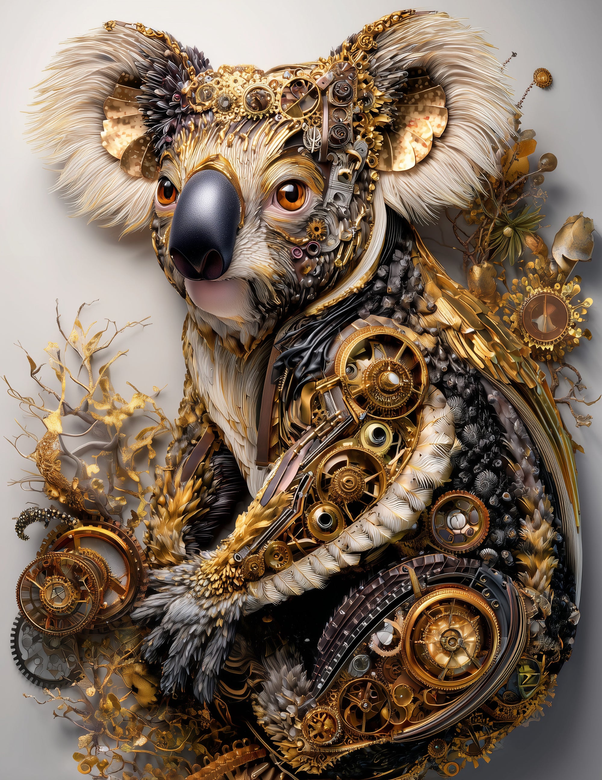 Koala —Steampunk Art, Gold Detail Digital Wall Art, 3 Sizes Included, Living Room Decor