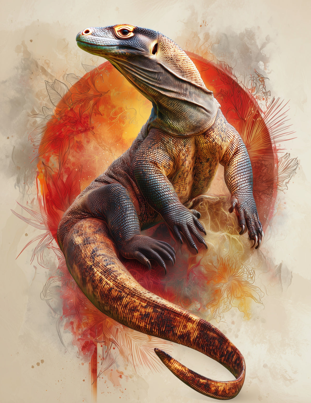 Komodo Dragon — Boho Art, Serene Tones Digital Wall Art, 3 Sizes Included, Living Room Decor