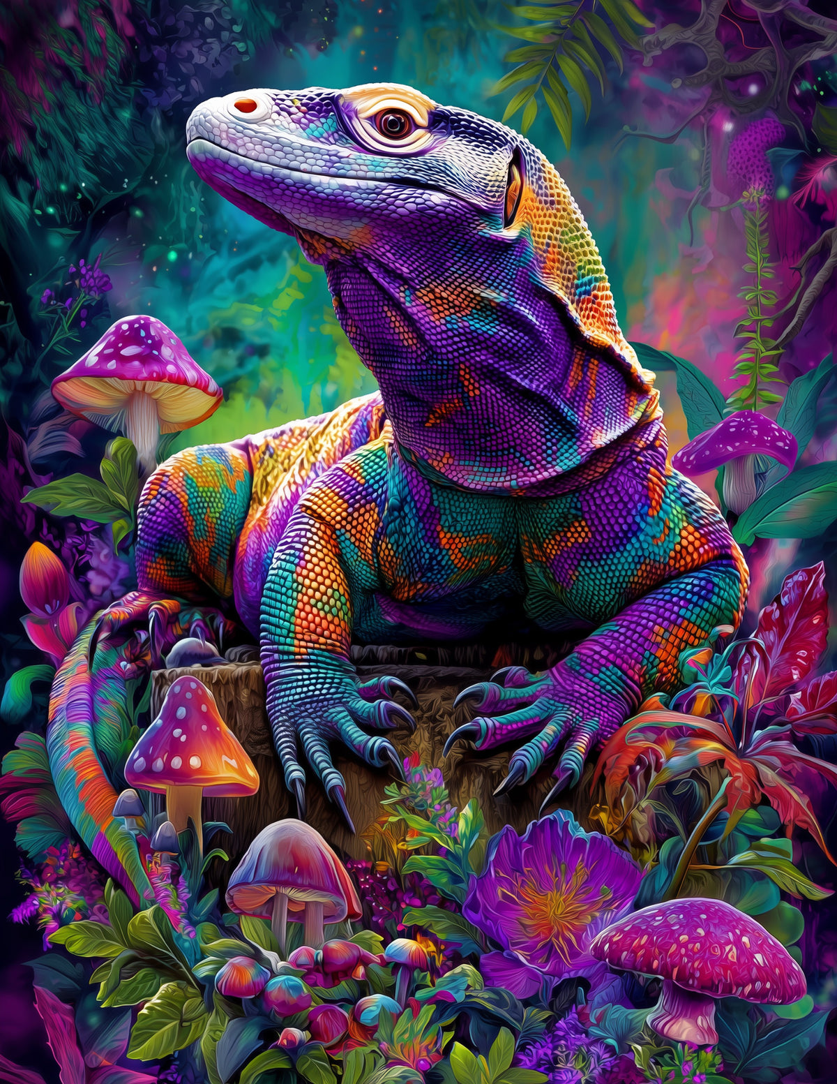 Komodo Dragon — Psychedelic Art, Bold Contrast Digital Wall Art, 3 Sizes Included, Living Room Decor