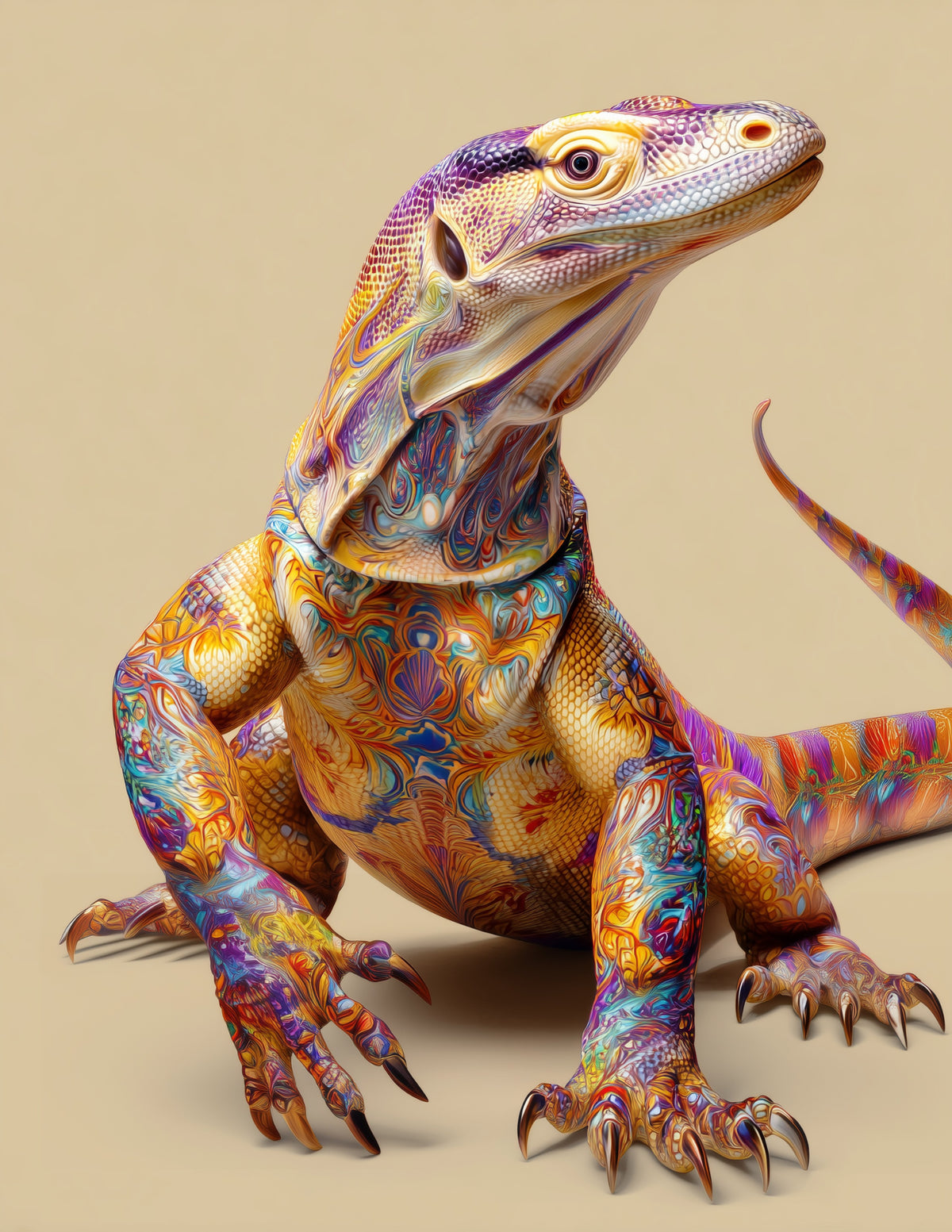 Komodo Dragon — Psychedelic Art, Calm Tones Digital Wall Art, 3 Sizes Included, Living Room Decor