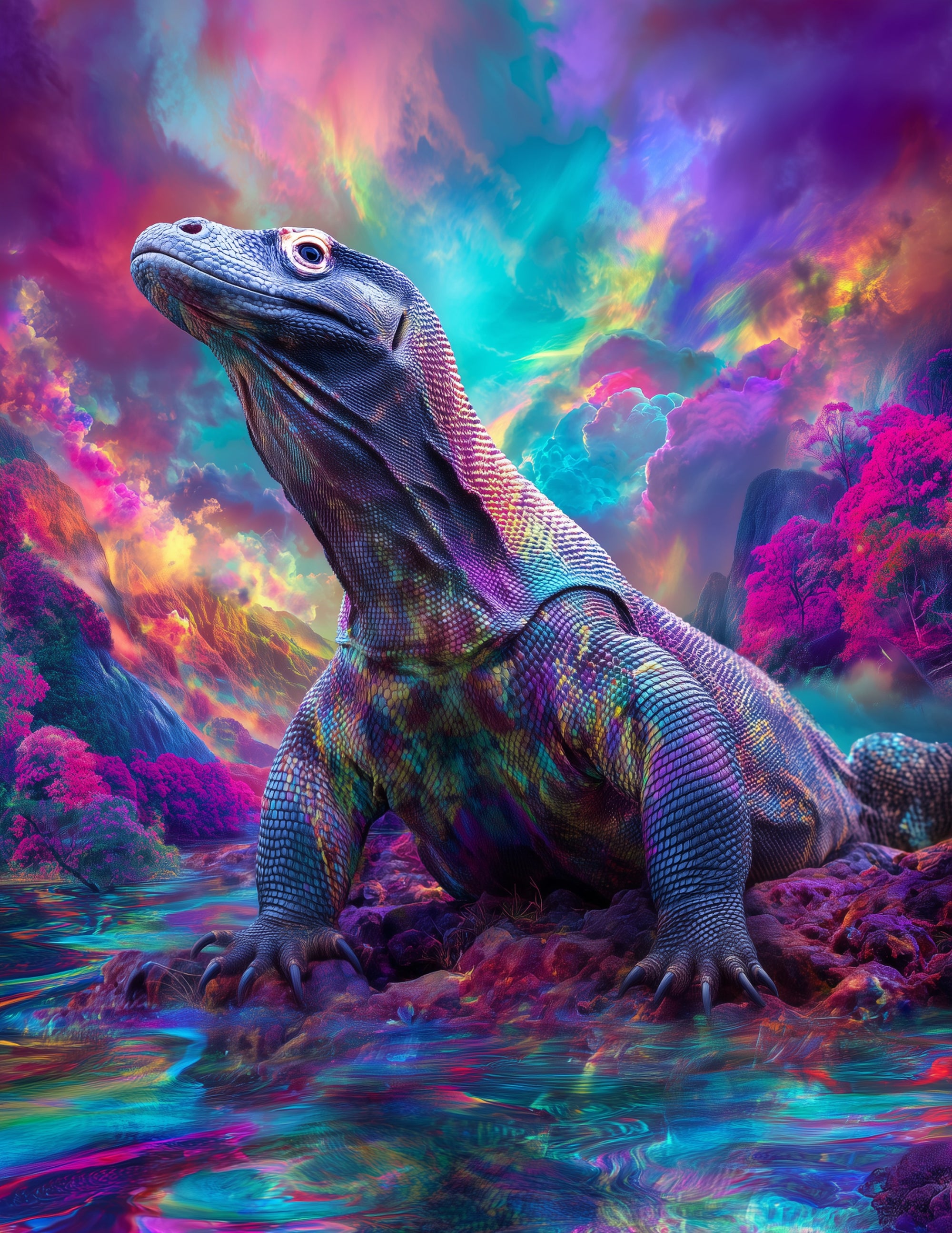 Komodo Dragon — Psychedelic Art, Dreamy Hues Digital Wall Art, 3 Sizes Included, Living Room Decor