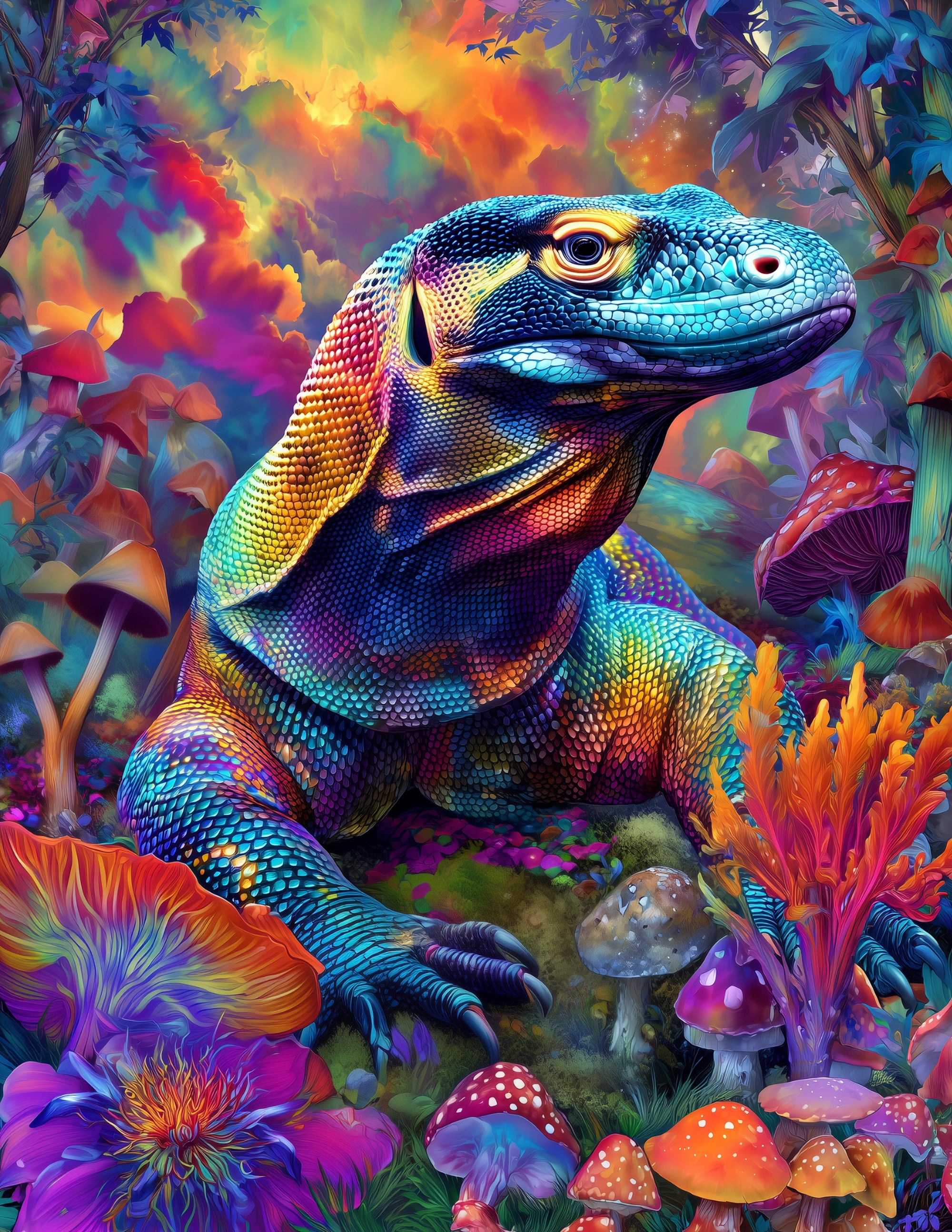 Komodo Dragon — Psychedelic Art, Forest Tones Digital Wall Art, 3 Sizes Included, Living Room Decor