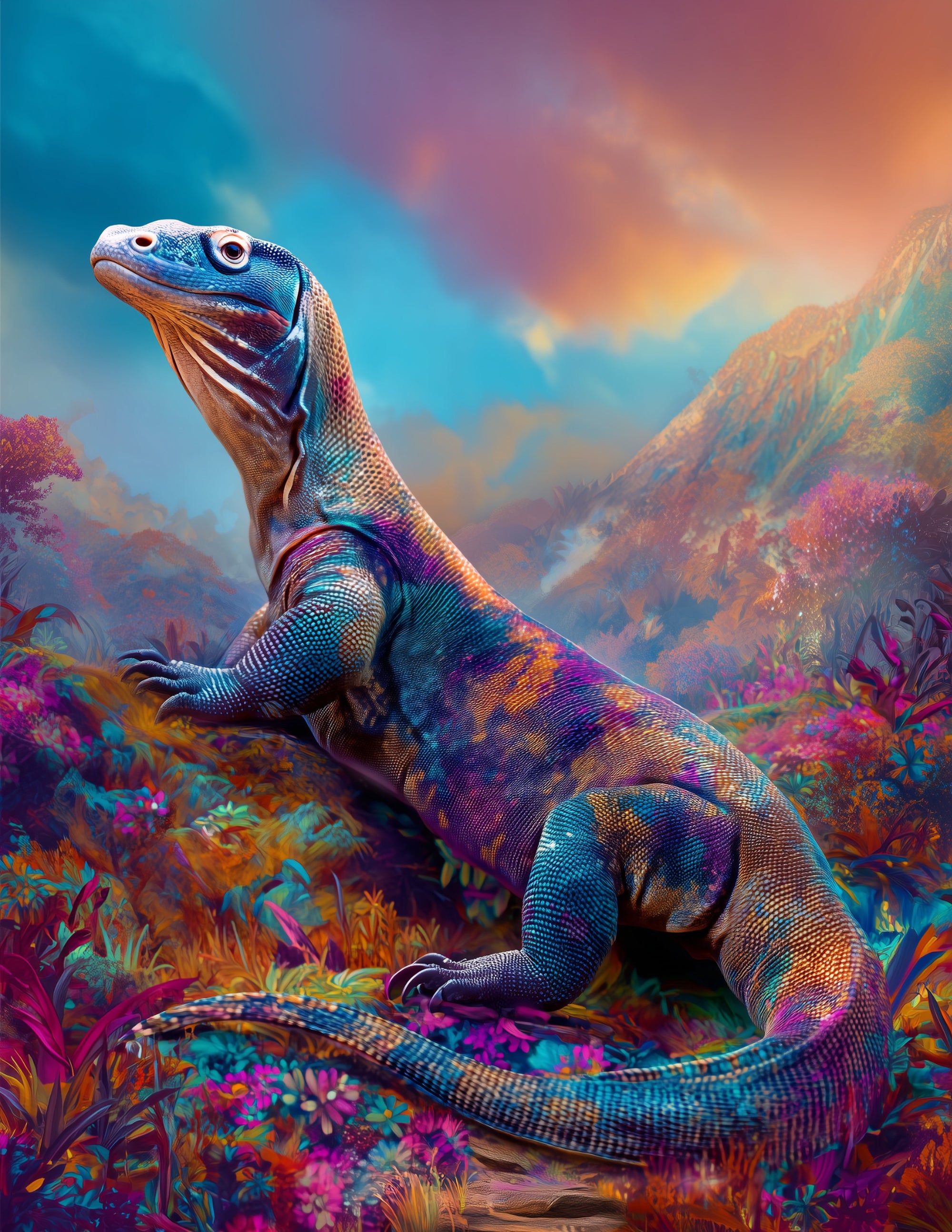 Komodo Dragon — Psychedelic Art, Sunset Palette Digital Wall Art, 3 Sizes Included, Living Room Decor