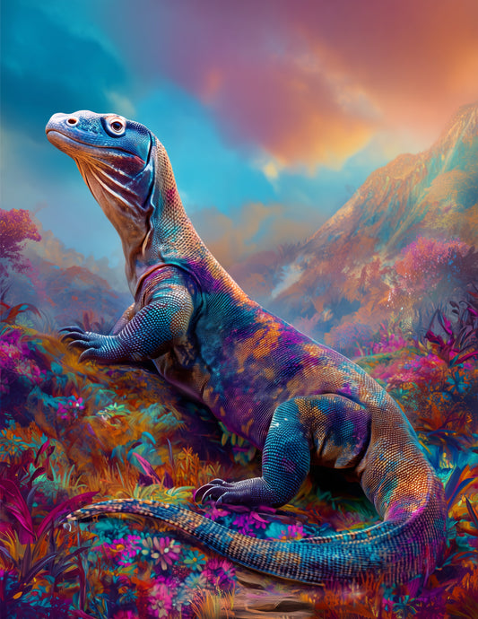 Komodo Dragon — Pyschedelic Art, Sunset Palette Digital Wall Art, 3 Sizes Included, Living Room Decor