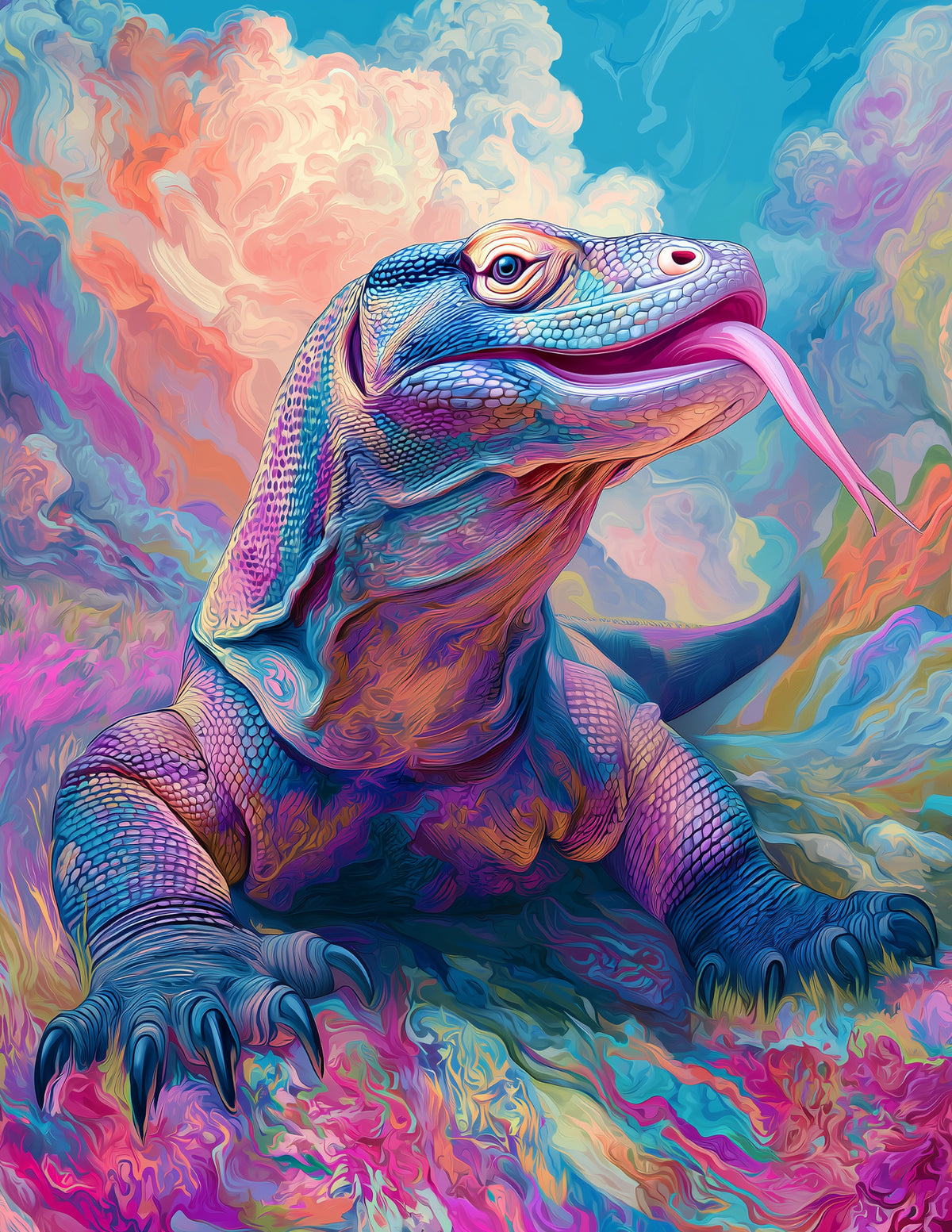 Komodo Dragon — Psychedelic Art, Vibrant Hues Digital Wall Art, 3 Sizes Included, Living Room Decor