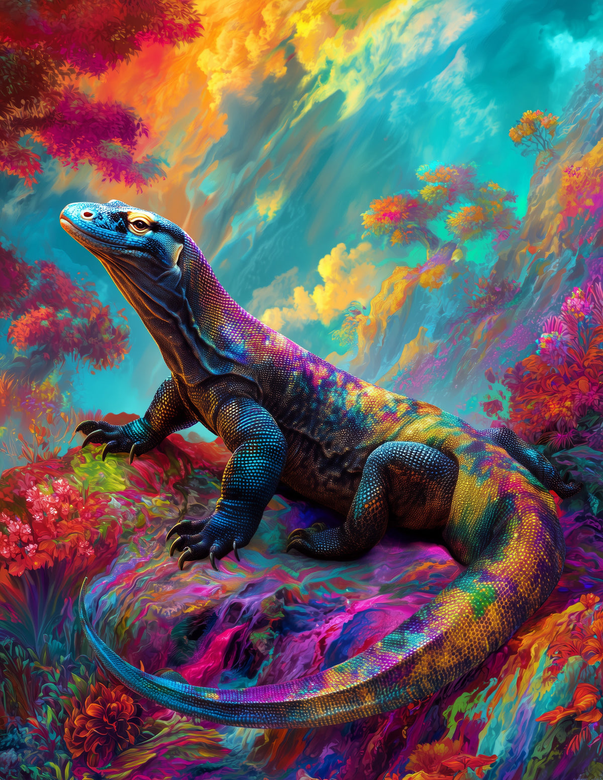 Komodo Dragon — Psychedelic Art, Vibrant Palette Digital Wall Art, 3 Sizes Included, Living Room Decor