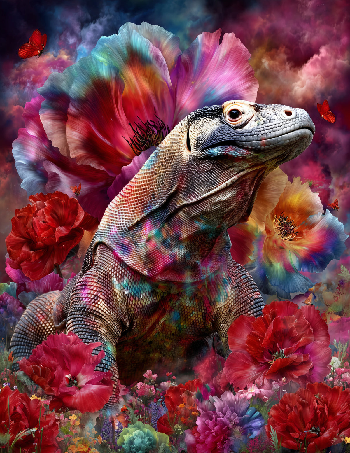 Komodo Dragon — Psychedelic Art, Warm Gradients Digital Wall Art, 3 Sizes Included, Living Room Decor